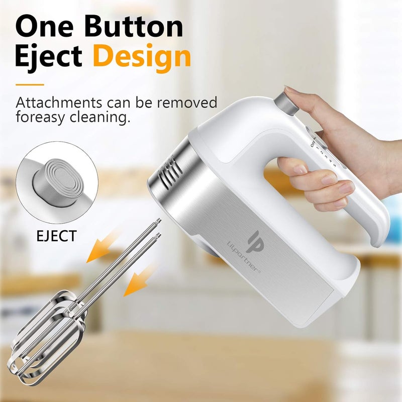 LILPARTNER Hand Mixer Electric, 450W Kitchen Mixers with Scale Cup Storage Case, Turbo Boost/Self-Control Speed + 5 Speed + Eject Button + 5 Stainless Steel Accessories, For Easy Whipping Dough, Cream, White - Image 4